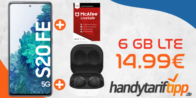 Samsung Galaxy S20 FE 5G & McAfee LiveSafe Attach & Samsung Galaxy Buds2 mit 6GB LTE nur 14,99€ monatlich - nur 1 Euro Zuzahlung