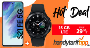 Samsung Galaxy S21 FE 5G & Galaxy Watch4 & 50€ Wechselbonus mit 15GB LTE nur 29,99€ monatlich - nur 1 Euro Zuzahlung