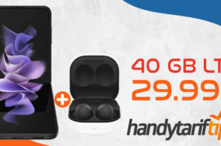 Samsung Galaxy Z Flip3 5G & Samsung Galaxy Buds2 mit 40 GB LTE5G nur 29,99€ monatlich - nur 79 Euro Zuzahlung und kein Anschlusspreis