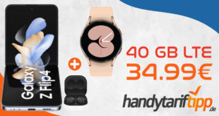 Samsung Galaxy Z Flip4 5G & Samsung Galaxy Buds2 & Samsung Galaxy Watch4 mit 40GB LTE5G nur 34,99€ monatlich - nur 49 Euro Zuzahlung