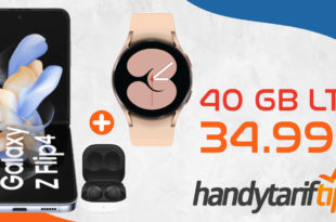 Samsung Galaxy Z Flip4 5G & Samsung Galaxy Buds2 & Samsung Galaxy Watch4 mit 40GB LTE5G nur 34,99€ monatlich - nur 49 Euro Zuzahlung