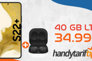 Samsung Galaxy S22+ 5G (S22Plus) & Samsung Galaxy Buds2 & 100€ Wechselbonus mit 40 GB LTE5G nur 34,99 Euro monatlich