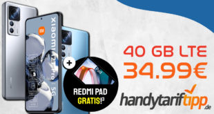 Xiaomi 12T Pro 256 GB & Xiaomi Redmi Pad mit 40GB LTE5G nur 34,99 Euro monatlich