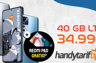 Xiaomi 12T Pro 256 GB & Xiaomi Redmi Pad & 100 € Wechselbonus mit 40GB LTE5G nur 34,99 Euro monatlich