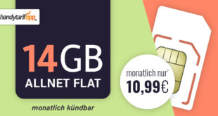 Monatlich kündbar - 14 GB Allnet Flat für nur 10,99 Euro monatlich