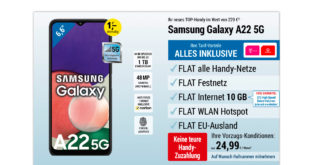 Samsung Galaxy A22 5G & 150€ Auszahlung & Zubehör-Paket mit 10 GB LTE für 24,99 Euro monatlich