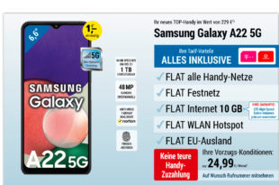 Samsung Galaxy A22 5G & 150€ Auszahlung & Zubehör-Paket mit 10 GB LTE für 24,99 Euro monatlich