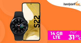 Samsung Galaxy S22 5G & Samsung Galaxy Watch4 & 50€ Wechselbonus mit 14GB LTE nur 31,99 Euro monatlich