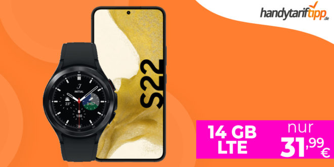 Samsung Galaxy S22 5G & Samsung Galaxy Watch4 & 50€ Wechselbonus mit 14GB LTE nur 31,99 Euro monatlich
