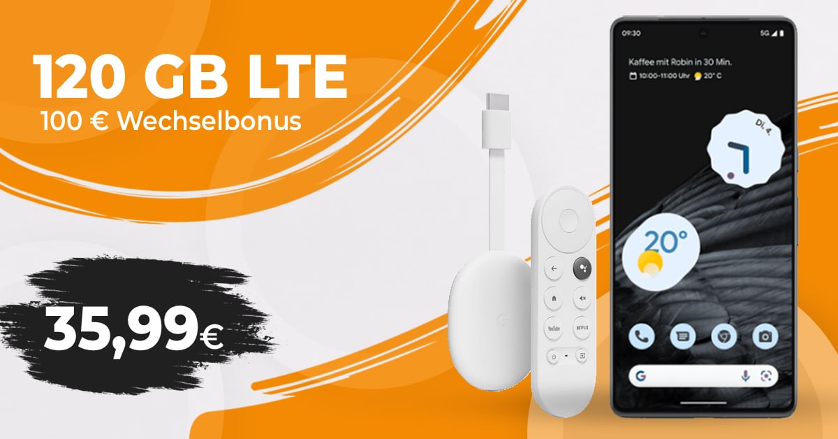 Google Pixel 7 Pro & Google Chromecast mit Google TV (HD) & 100€ Wechselbonus mit 120GB LTE/5G