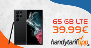 Samsung Galaxy S22 Ultra 512GB Version für einmalig 319 Euro mit 65GB 5GLTE & 100 Euro Wechselbonus für nur 39,99 Euro monatlich