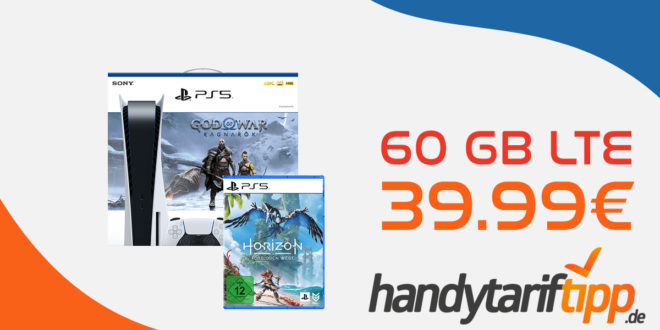 Sony Playstation 5 + God of War Ragnarök + Horizon Forbidden West & 100€ Wechselbonus mit 60GB LTE5G nur 39,99 Euro monatlich - nur 49 Euro Zuzahlung. 