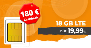 Allnet Flat 18 GB LTE im Vodafone Netz für 19,99 Euro monatlich + 180 Euro Cashback & 50 Euro Bonus bei Rufnummernmitnahme