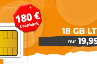 Allnet Flat 18 GB LTE im Vodafone Netz für 19,99 Euro monatlich + 180 Euro Cashback & 50 Euro Bonus bei Rufnummernmitnahme