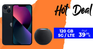 Apple iPhone 13 & Apple Homepod mini für einmalig 99 Euro mit 120 GB LTE5G nur 39,99 Euro monatlich