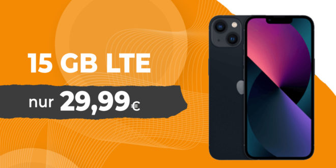 Apple iPhone 13 für einmalig 129 Euro mit 50€ Wechselbonus und 15GB LTE nur 29,99 Euro monatlich