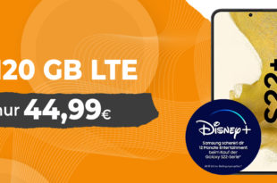 Samsung Galaxy S22+ (S22Plus) & 100 € Wechsel-Bonus & 12 Monate Disney+ mit 120GB LTE5G für 44,99 Euro monatlich - nur 29 Euro Zuzahlung