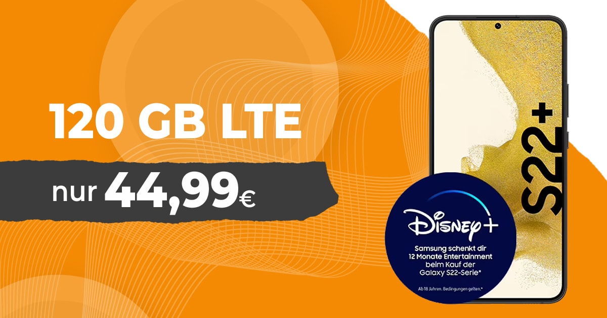 Samsung Galaxy S22+ (S22Plus) & 100 € WechselBonus & 12 Monate Disney+ mit 120GB LTE/5G für 44