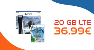 Sony Playstation 5 + God of War Ragnarök + Horizon Forbidden West & 50€ Wechselbonus mit 20GB LTE nur 36,99 Euro monatlich