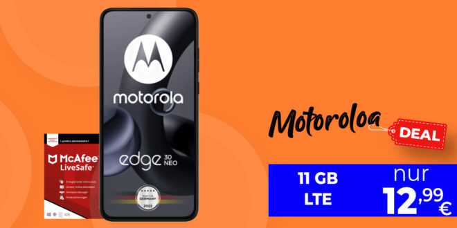 Motorola Edge 30 Neo & McAfee LiveSafe Attach & 30€ Wechselbonus mit 11 GB LTE nur 12,99 Euro monatlich