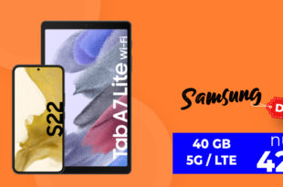 Samsung Galaxy S22 & Tab A7 Lite mit 40GB LTE5G nur 42,99 Euro monatlich - nur 1 Euro Zuzahlung und kein Anschlusspreis