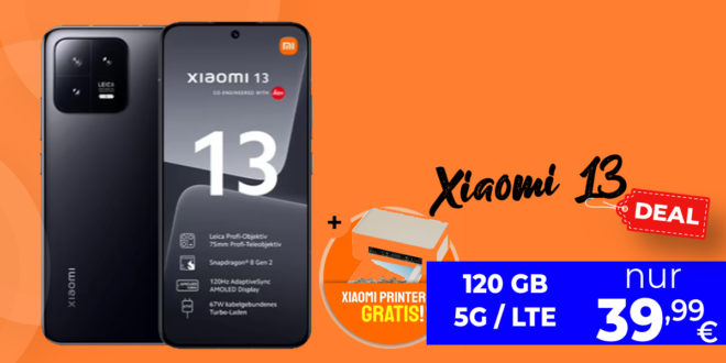 Xiaomi 13 256 GB & Xiaomi Instant Photo Printer 1S mit 120 GB 5GLTE für 39,99 Euro monatlich