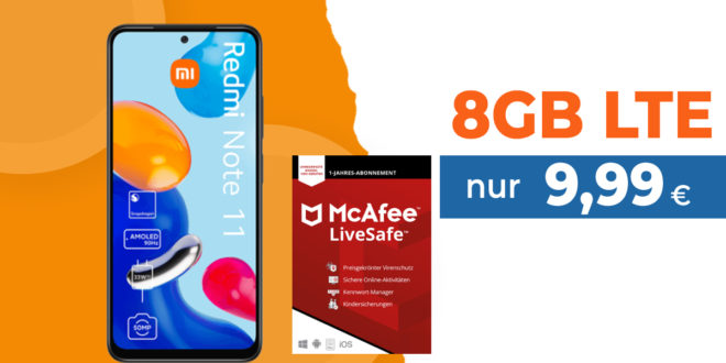 Xiaomi Redmi Note 11 & 30€ Wechselbonus & McAfee LiveSafe Attach mit 8GB LTE nur 9,99 Euro monatlich - nur 1 Euro Zuzahlung