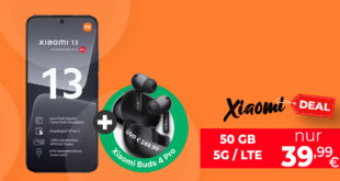 Xiaomi 13 5G & Xiaomi Buds 4 Pro für einmalig 49,95 Euro mit 50GB LTE5G nur 39,99 Euro monatlich
