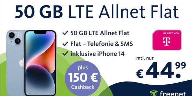 Apple iPhone 14 mit 50GB LTE & 150€ Cashback nur 44,99 Euro monatlich - nur 49 Euro Zuzahlung