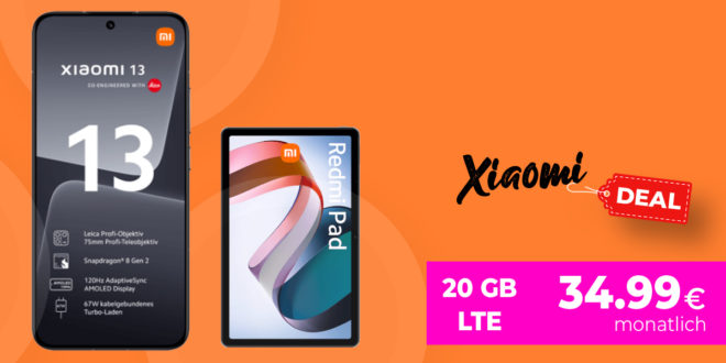 Xiaomi 13 & Xiaomi Redmi Pad für einmalig 49 Euro mit 50€ Wechselbonus und 20GB LTE nur 34,99 Euro monatlich