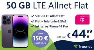 iPhone 14 Pro für einmalig 249,99 Euro mit 150€ Cashback und 50GB LTE Telekom nur 44,99 Euro