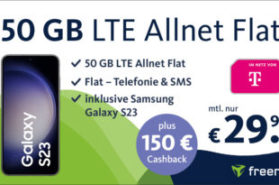 50 GB LTE Telekom Allnet Flat mit Samsung Galaxy S23 für einmalig 179,99 Euro mit 150€ Cashback für nur 29,99 Euro monatlich