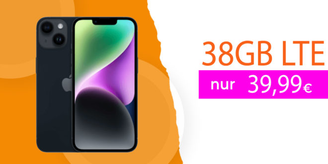 Apple iPhone 14 für einmalig nur 69,99 Euro mit 50€ Wechselbonus und 38GB LTE nur 39,99 Euro monatlich - kein Anschlusspreis