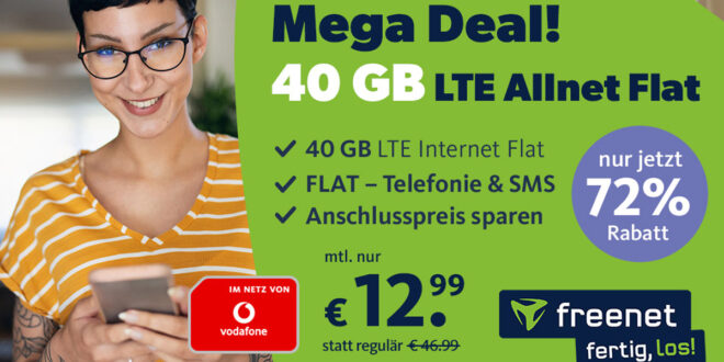 40GB LTE Vodafone Allnet Flat für 12,99 Euro monatlich - Anschlusspreis sparen