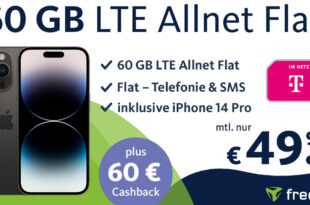 Apple iPhone 14 Pro mit 60GB LTE Telekom Allnet Flat und 60 Euro Cashback nur 49,99 Euro monatlich