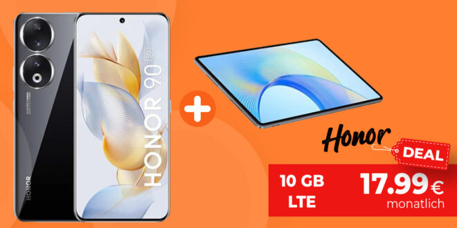 Honor 90 -512GB- inkl. Pad X9 für einmalig nur 49,99 Euro mit 10GB LTE nur 17,99 Euro monatlich – kein Anschlusspreis