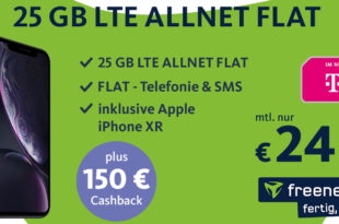 Apple iPhone XR mit 25GB LTE & 150 € Cashback & 150 € Bonus für Rufnummermitnahme für 24,99 Euro monatlich
