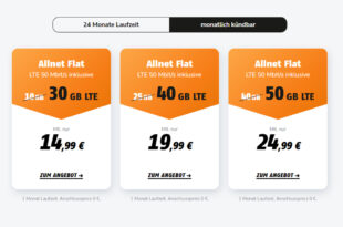 Monatlich kündbar im Vodafone Netz - 30GB LTE nur 14,99 Euro - 40GB LTE nur 19,99 Euro und 50GB LTE nur 24,99 Euro monatlich
