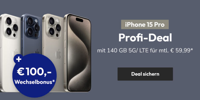 Apple iPhone 15 Pro für 79,95€ Zuzahlung mit 140GB 5GLTE & 100 Euro Wechselbonus bei Rufnummermitnahme nur 59,99 Euro monatlich