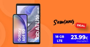 Samsung Galaxy A54 & Galaxy Tab A7 Lite mit 18GB LTE nur 23,99 Euro monatlich – nur 25 Euro Zuzahlung und kein Anschlusspreis