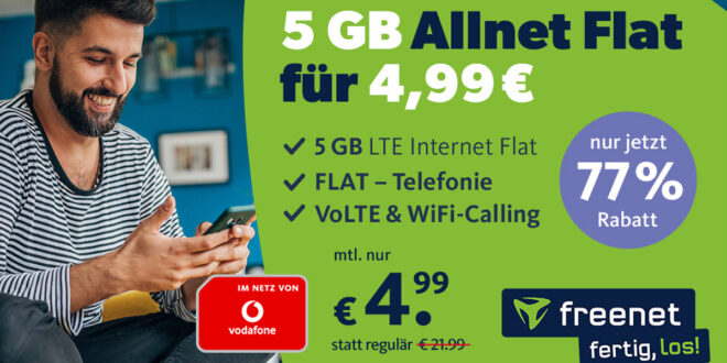 5GB LTE Allnet Flat im Vodafone Netz für nur 4,99 Euro monatlich - Anschlusspreis sparen