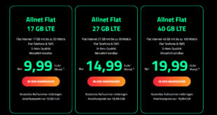 Monatlich kündbar im Vodafone Netz - 17GB LTE nur 9,99 Euro - 27GB LTE nur 14,99 Euro und 40GB LTE nur 19,99 Euro monatlich