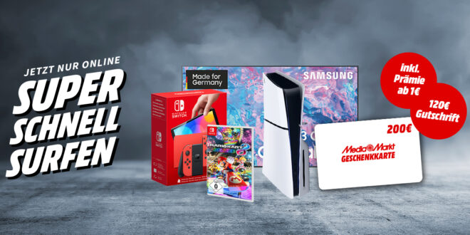 Vodafone GigaZuhause Kabel & DSL Deals mit Prämie - SONY PlayStation®5 Slim Edition - Nintendo Switch (Mario-Edition) - Samsung 50 Zoll TV oder eine Geschenkkarte
