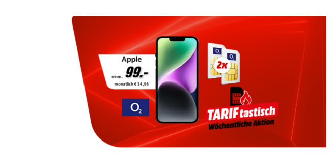 o2 Doppelkartenaktion - Apple iPhone 14 für einmalig 99 Euro mit 2 x 50GB 5GLTE nur 34,98 Euro monatlich