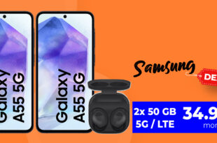 2x Samsung Galaxy A55 5G -256GB- mit 2x 50GB 5GLTE & Samsung Galaxy Buds FE für monatlich nur 34,98 Euro - Einmalige Zuzahlung nur 139 Euro