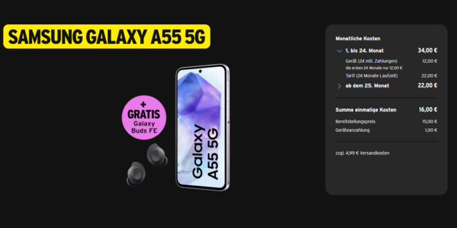 Samsung Galaxy A55 5G (256 GB) für 1€ Zuzahlung & Samsung Galaxy Buds FE mit 30GB LTE im Telekom Netz für 34 Euro monatlich
