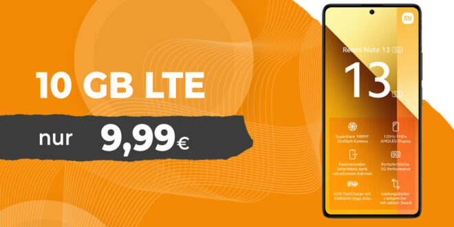 Xiaomi Redmi Note 13 5G -256GB- mit 10GB LTE und 30 Euro Wechselbonus bei Rufnummermitnahme nur 9,99 Euro monatlich