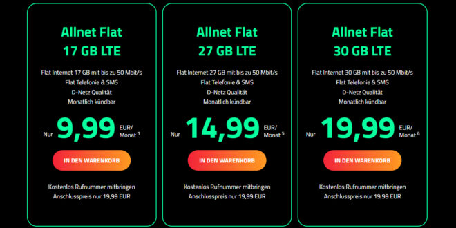 Allnet Flats - monatlich kündbar im Vodafone Netz - 17GB LTE nur 9,99€ - 27GB LTE nur 14,99€ und 30GB LTE nur 19,99€ monatlich