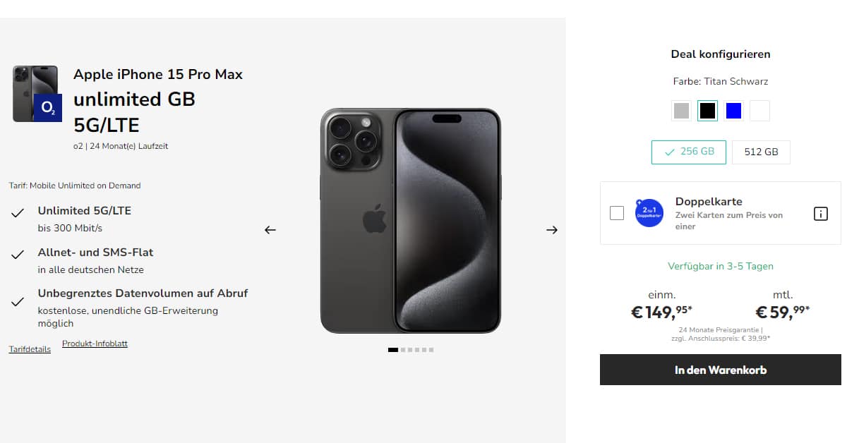 Apple iPhone 15 Pro Max für einmalig 149,95 Euro mit unlimited GB 5G ...