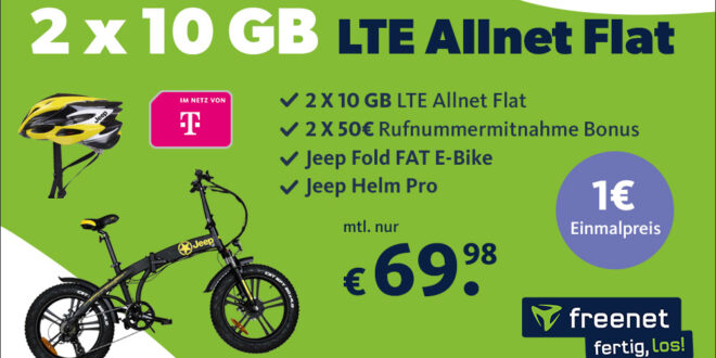 Jeep E-Bike und 2x Allnet Flat 10GB Telekom für 69,98€ monatlich - 5,15€ effektiver Monatspreis